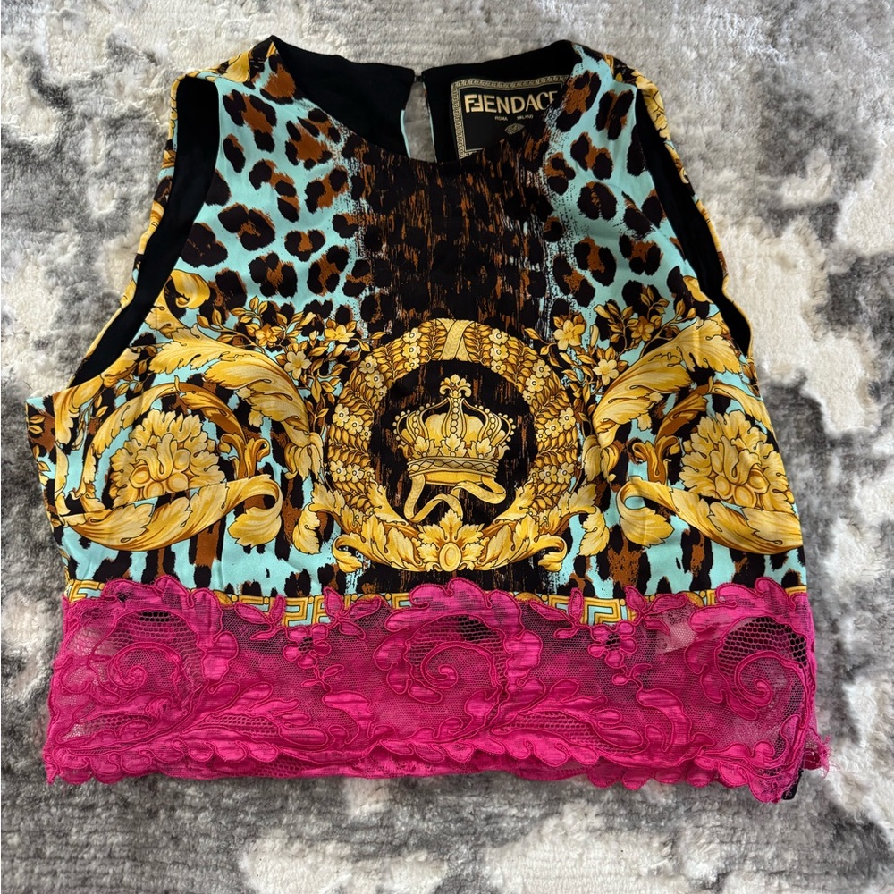 Fendi Versace Collab Collection Black and Gold Graphic Crop Tank Top